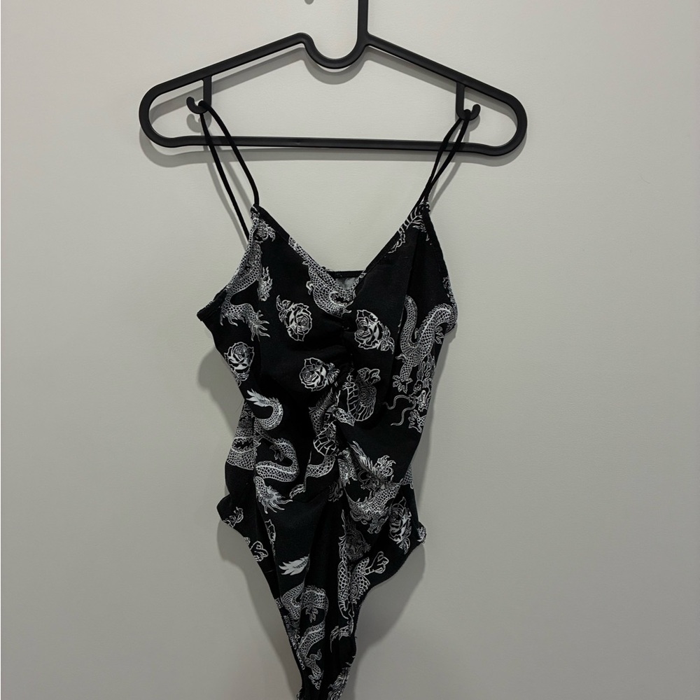 Black and White Dragon Print Bodysuit